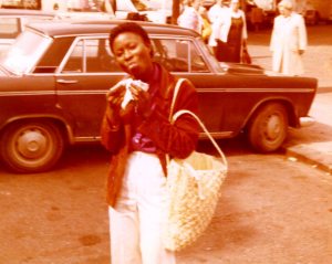 Enjoying Spain - Barcelona circa. 1980 She has just Finished A Grilled Spanish Sausage.